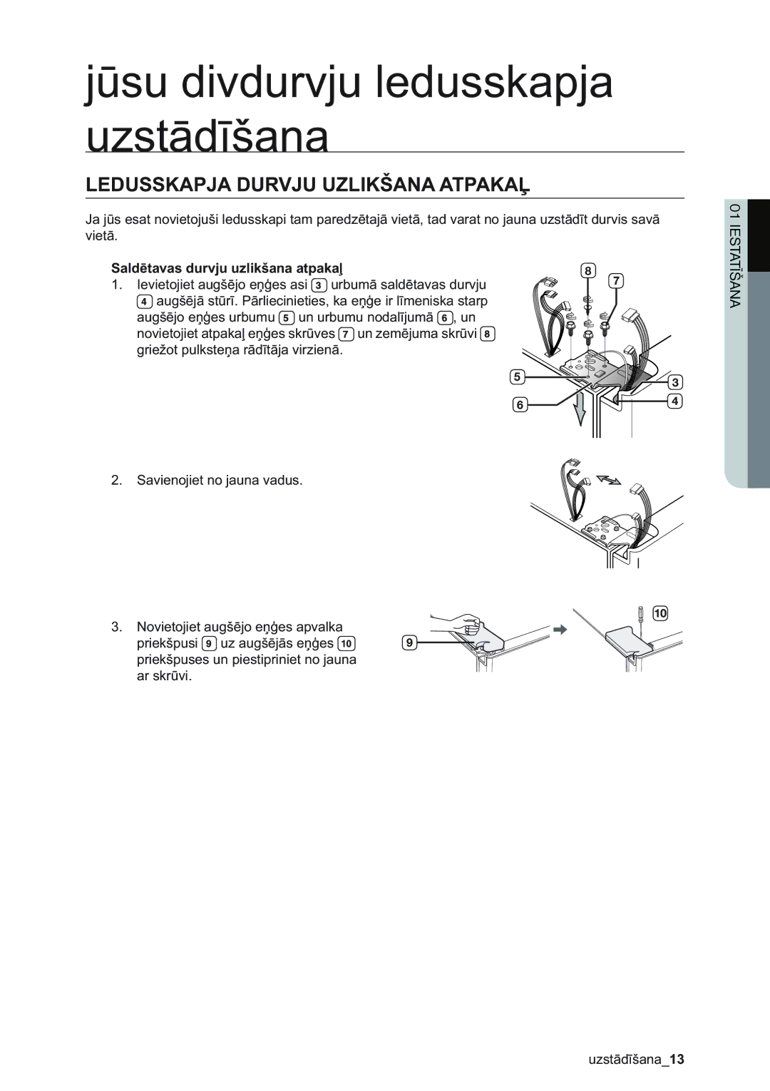 Samsung RSA1ZHMH1/BWT manual Ledusskapja Durvju Uzlikšana Atpakaļ, Saldētavas durvju uzlikšana atpakaļ 