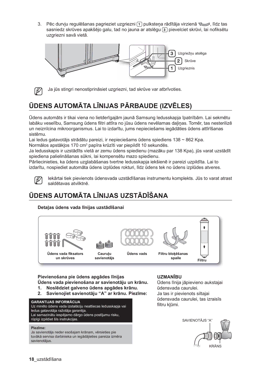 Samsung RSA1ZHMH1/BWT manual Ūdens Automāta Līnijas Pārbaude Izvēles, Ūdens Automāta Līnijas Uzstādīšana, Uzmanību 