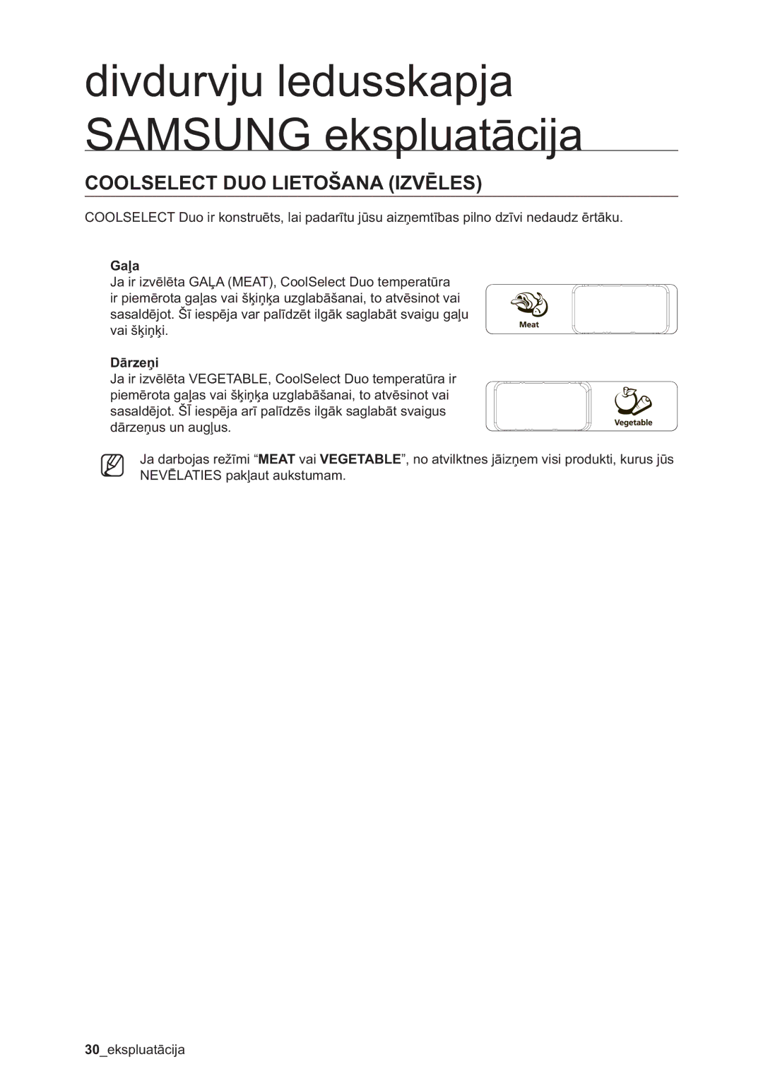 Samsung RSA1ZHMH1/BWT manual Coolselect DUO Lietošana Izvēles, Gaļa, Dārzeņi 