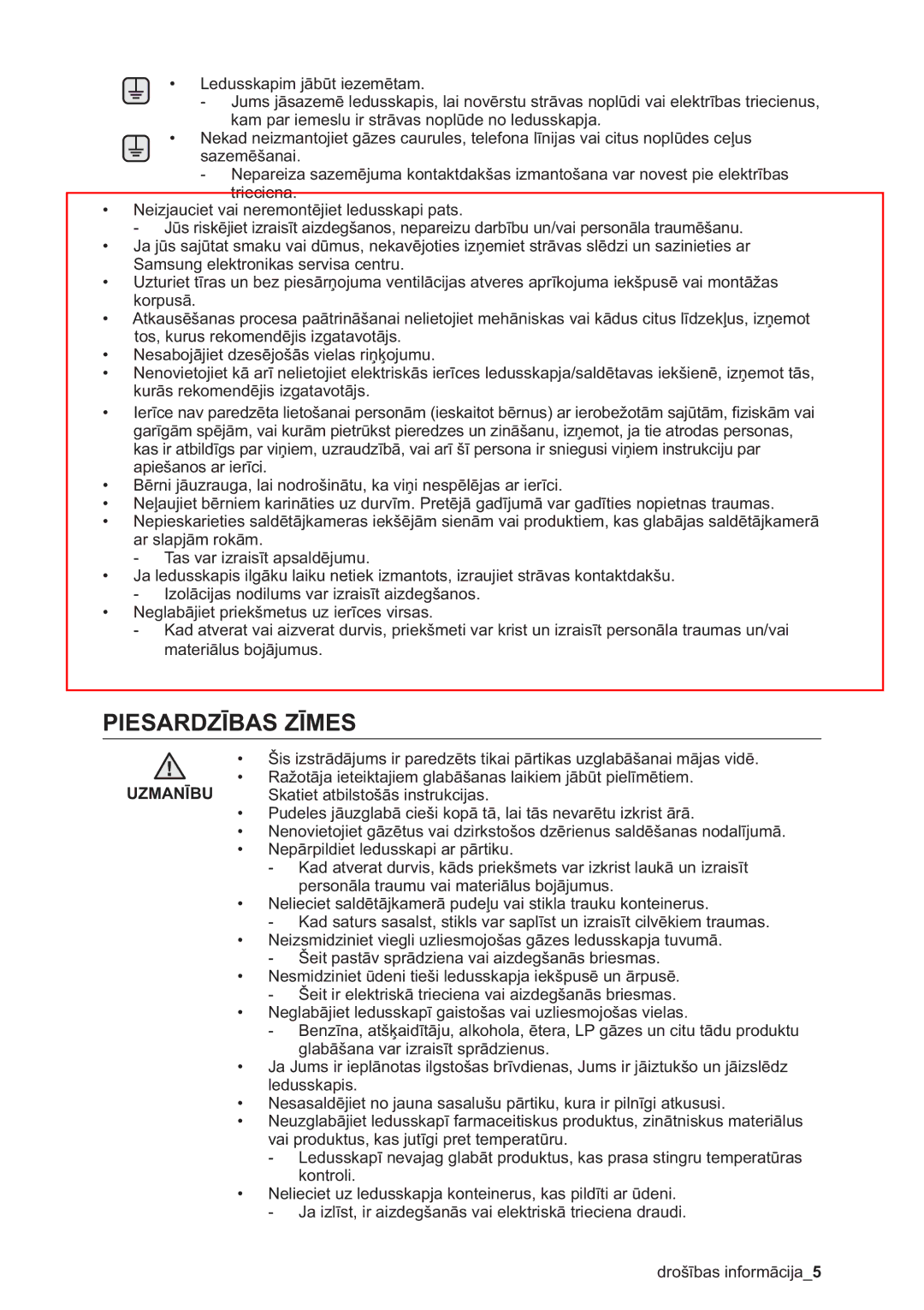 Samsung RSA1ZHMH1/BWT manual Piesardzības Zīmes 