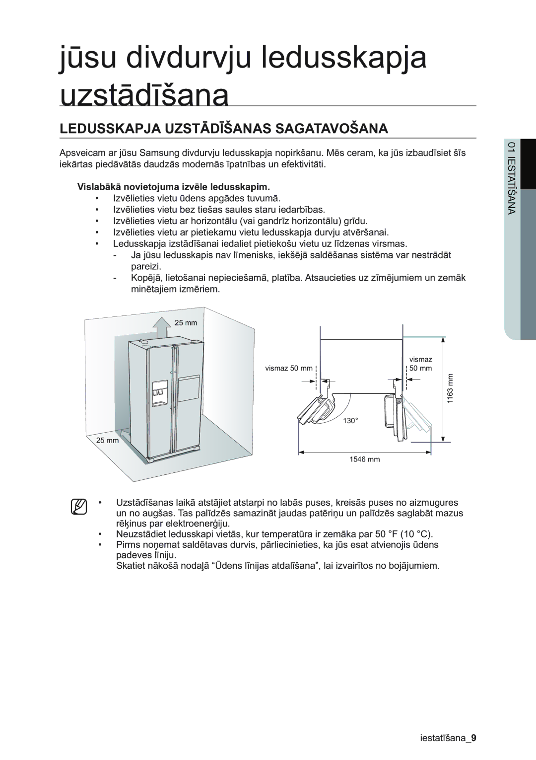 Samsung RSA1ZHMH1/BWT manual Jūsu divdurvju ledusskapja uzstādīšana, Ledusskapja Uzstādīšanas Sagatavošana 