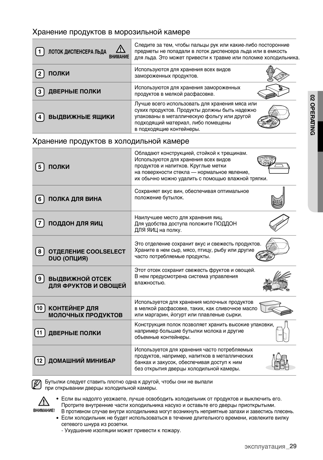 Samsung RSA1ZHMH1/BWT manual Хранение продуктов в морозильной камере, Хранение продуктов в холодильной камере 