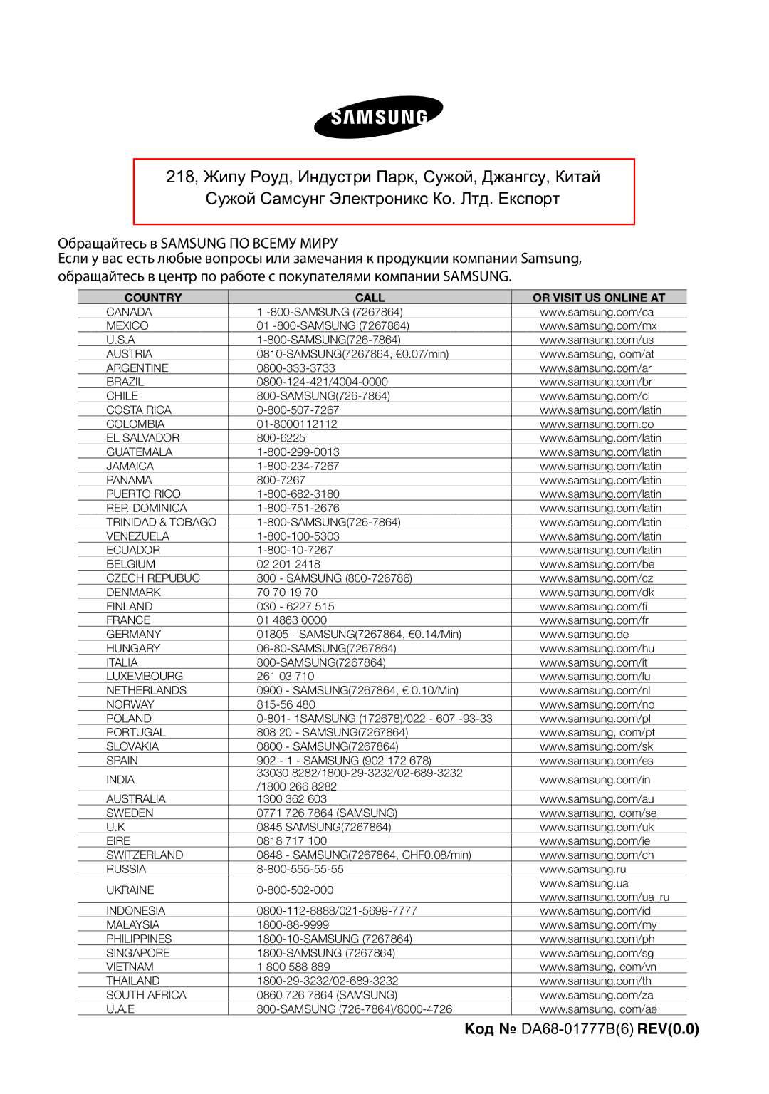 Samsung RSA1ZHMH1/BWT manual Код DA68-01777B6 REV0.0 