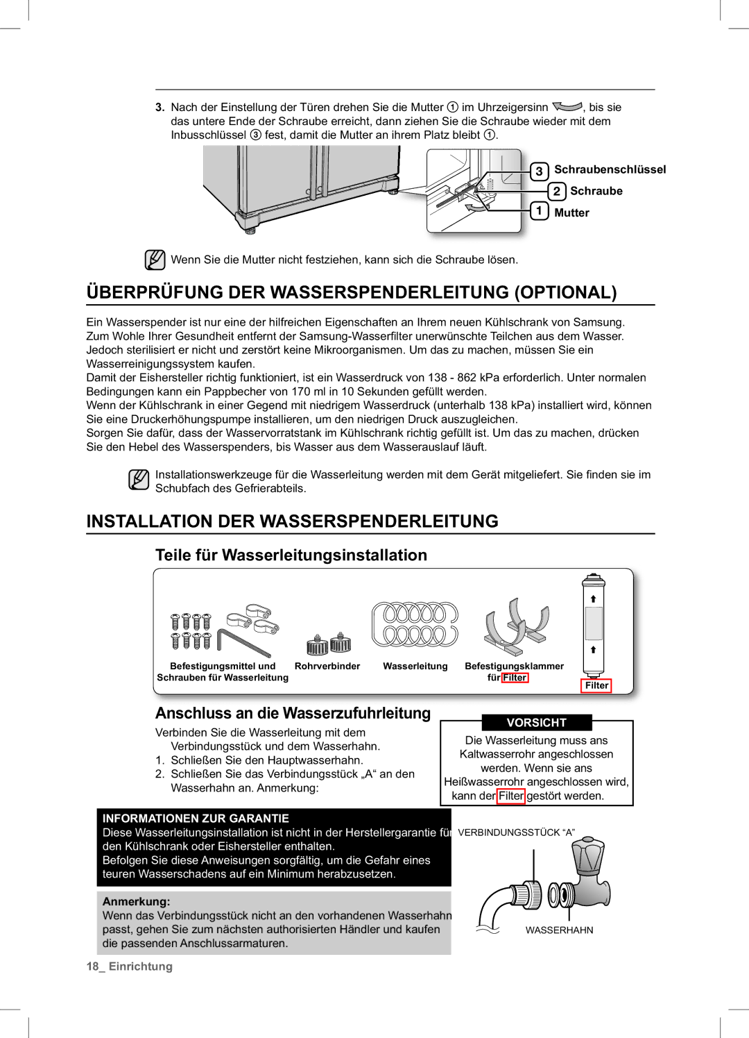 Samsung RSA1DTPE1/XEF, RSA1ZHPE1/XEF Überprüfung DER Wasserspenderleitung Optional, Installation DER Wasserspenderleitung 