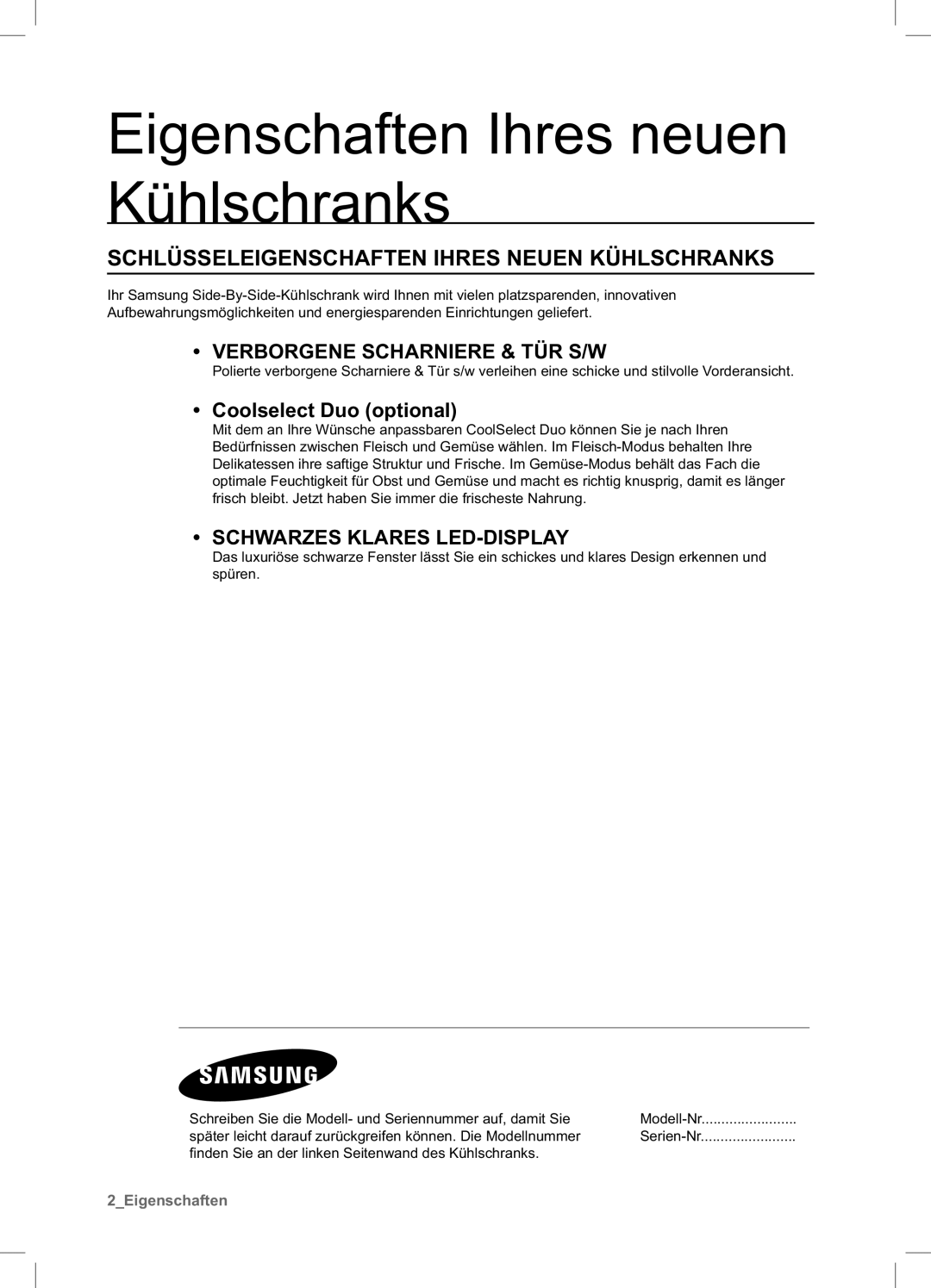 Samsung RSA1DTVG1/XEF, RSA1ZHPE1/XEF manual Schlüsseleigenschaften Ihres Neuen Kühlschranks, Coolselect Duo optional 