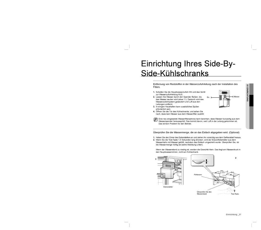 Samsung RSA1ZTVG1/EUR, RSA1ZHPE1/XEF, RSA1DTVG1/XEF, RSA1DTPE1/XEF manual Lassen Sie Wasser durch den Spender ﬂießen, bis 