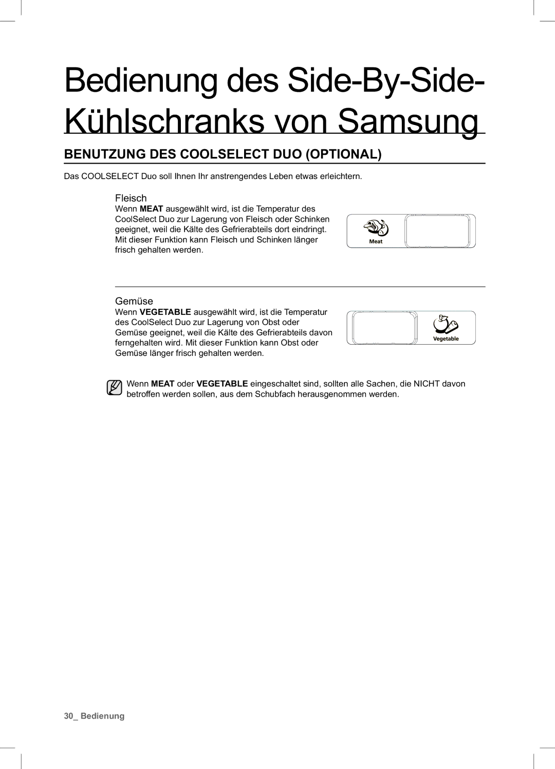 Samsung RSA1ZHPE1/XEF, RSA1ZTVG1/EUR, RSA1DTVG1/XEF, RSA1DTPE1/XEF Benutzung DES Coolselect DUO Optional, Fleisch, Gemüse 