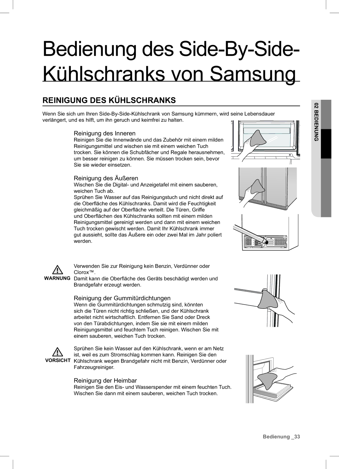 Samsung RSA1DTPE1/XEF Reinigung DES Kühlschranks, Reinigung des Inneren, Reinigung des Äußeren, Reinigung der Heimbar 