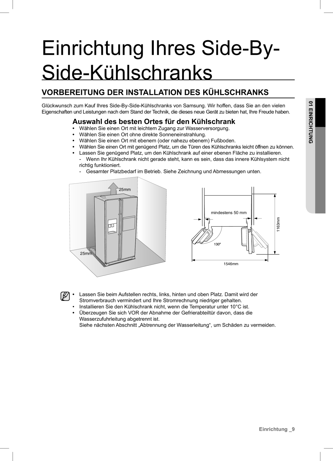 Samsung RSA1ZTPE1/XEF manual Vorbereitung DER Installation DES Kühlschranks, Auswahl des besten Ortes für den Kühlschrank 