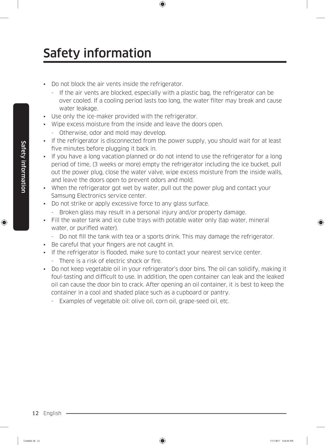 Samsung RSA1ZTMG1/XSG, RSA1ZTMG1/EUR, RH58K6598SL/ES, RSA1ZTMG1/XEF, RH62K6257SL/ES, RH62K6298SL/ES manual Safety information 