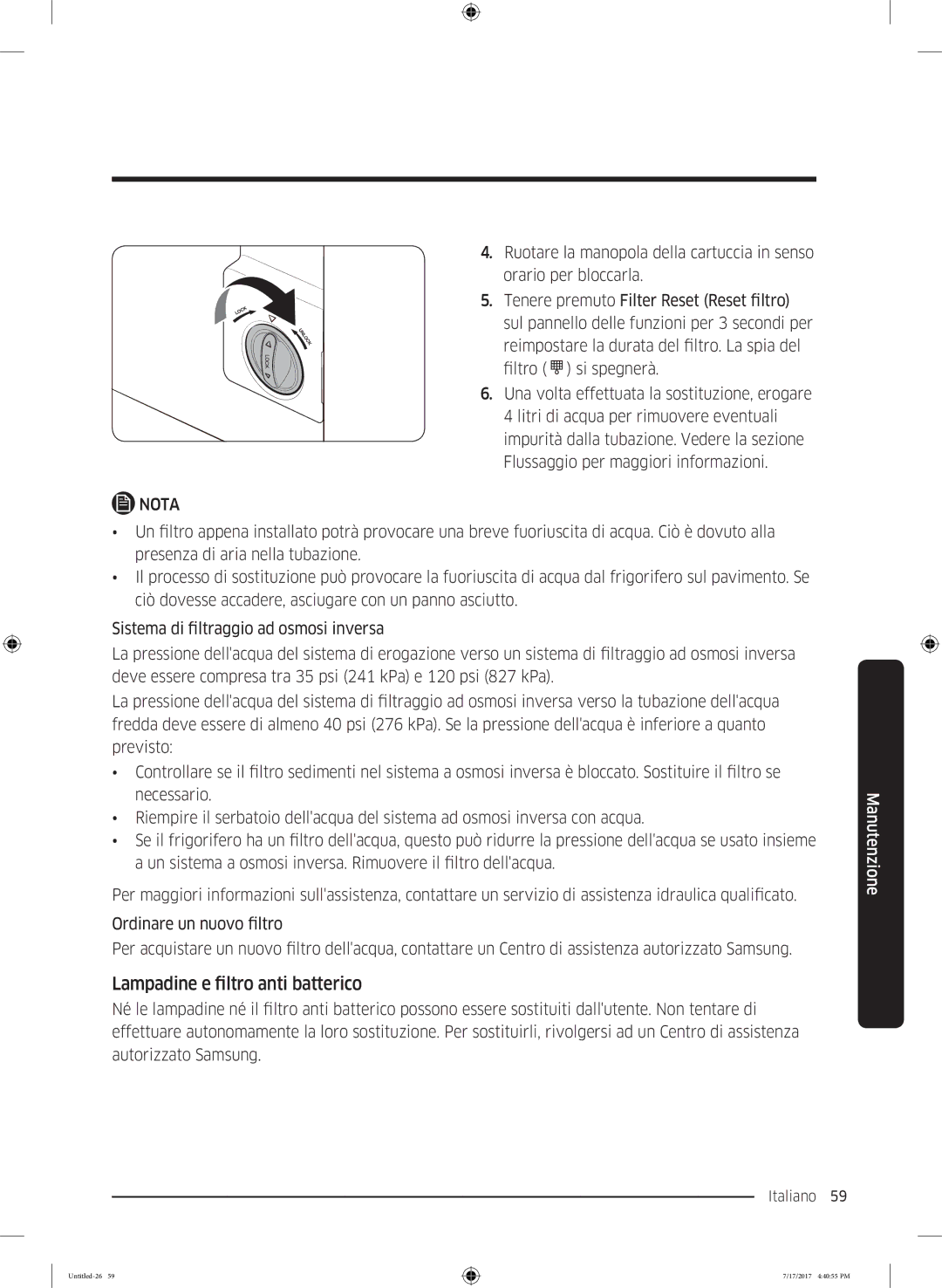 Samsung RH62K6298SL/ES, RSA1ZTMG1/EUR, RH58K6598SL/ES, RSA1ZTMG1/XEF, RH62K6257SL/ES manual Lampadine e filtro anti batterico 