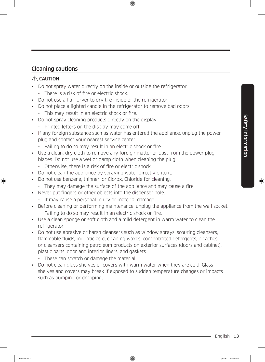 Samsung RSA1ZTMG1/XEO, RSA1ZTMG1/EUR, RH58K6598SL/ES, RSA1ZTMG1/XEF, RH62K6257SL/ES, RH62K6298SL/ES manual Cleaning cautions 