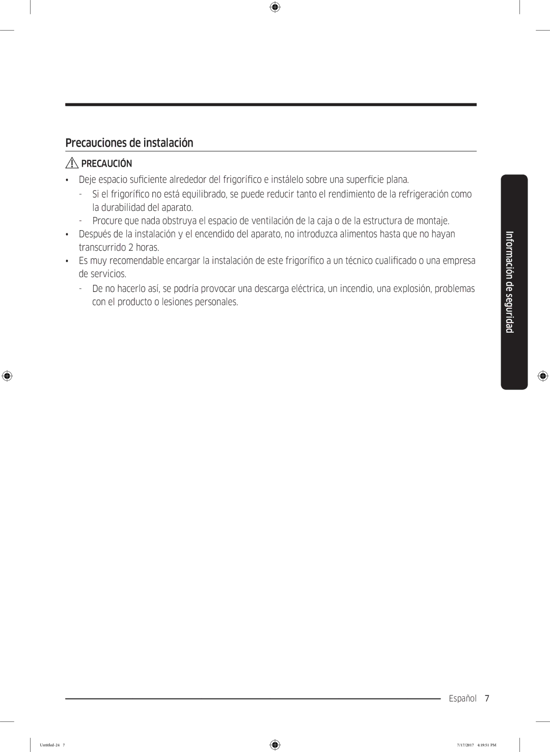 Samsung RSA1ZTMG1/XEF, RSA1ZTMG1/EUR, RH58K6598SL/ES, RH62K6257SL/ES, RH62K6298SL/ES manual Precauciones de instalación 