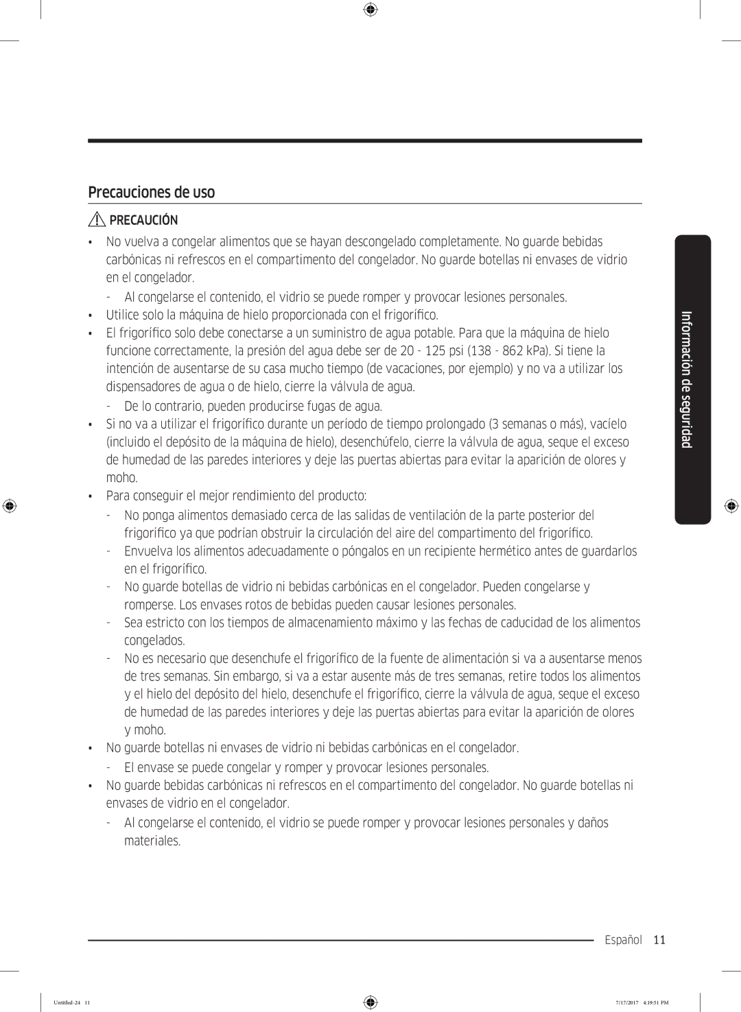 Samsung RSA1ZTMG1/XEO, RSA1ZTMG1/EUR, RH58K6598SL/ES, RSA1ZTMG1/XEF, RH62K6257SL/ES, RH62K6298SL/ES manual Precauciones de uso 