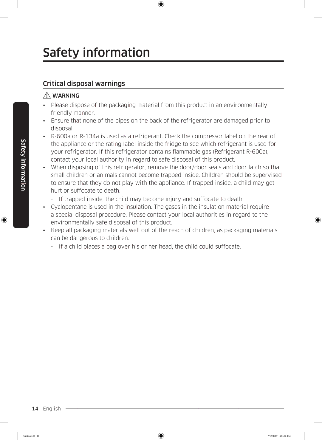 Samsung RSA1ZTMG1/EUR, RH58K6598SL/ES, RSA1ZTMG1/XEF, RH62K6257SL/ES, RH62K6298SL/ES, RSA1ZTMG1/XSG Critical disposal warnings 