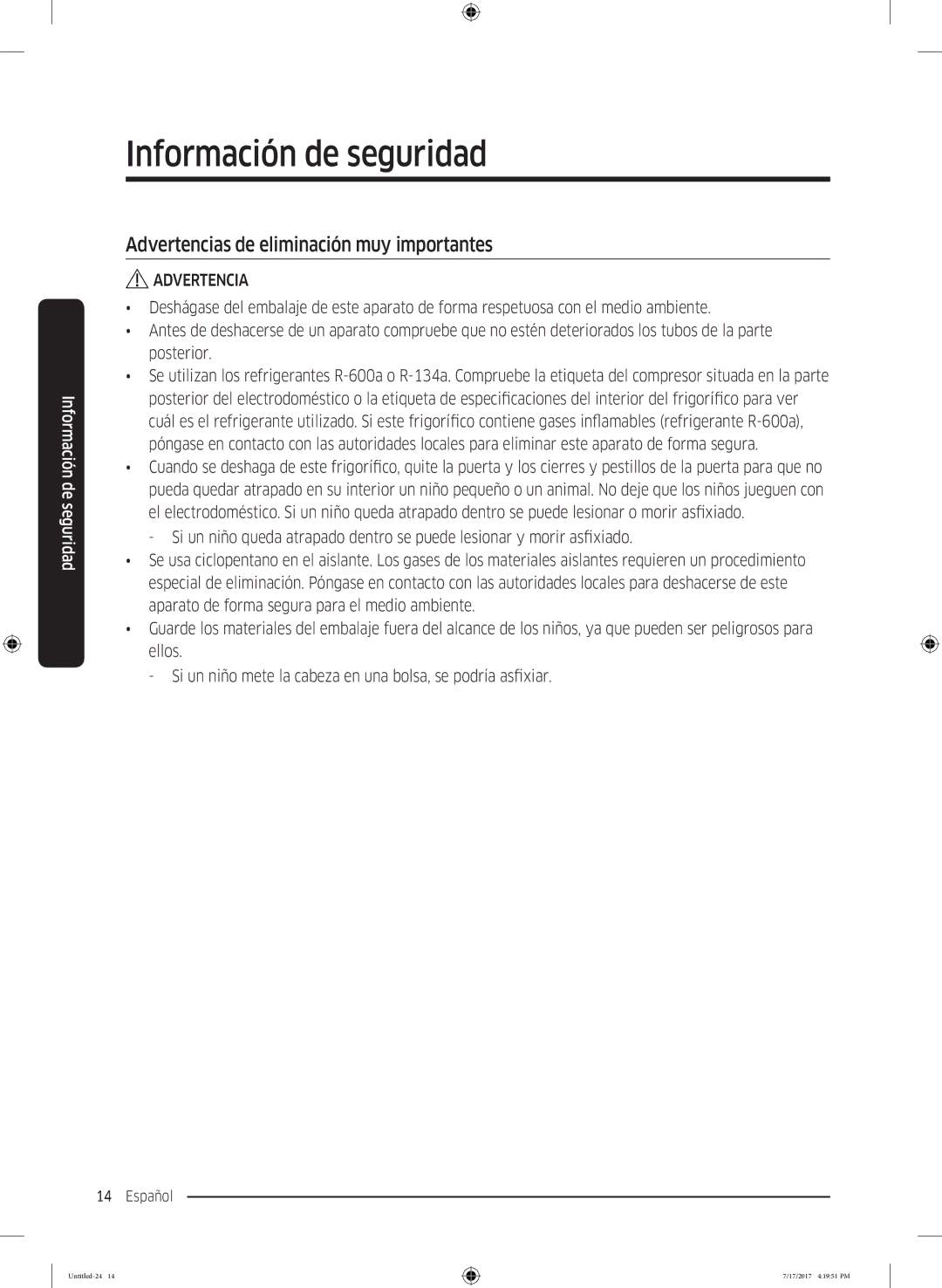 Samsung RSA1ZTMG1/XEF, RSA1ZTMG1/EUR, RH58K6598SL/ES, RH62K6257SL/ES manual Advertencias de eliminación muy importantes 