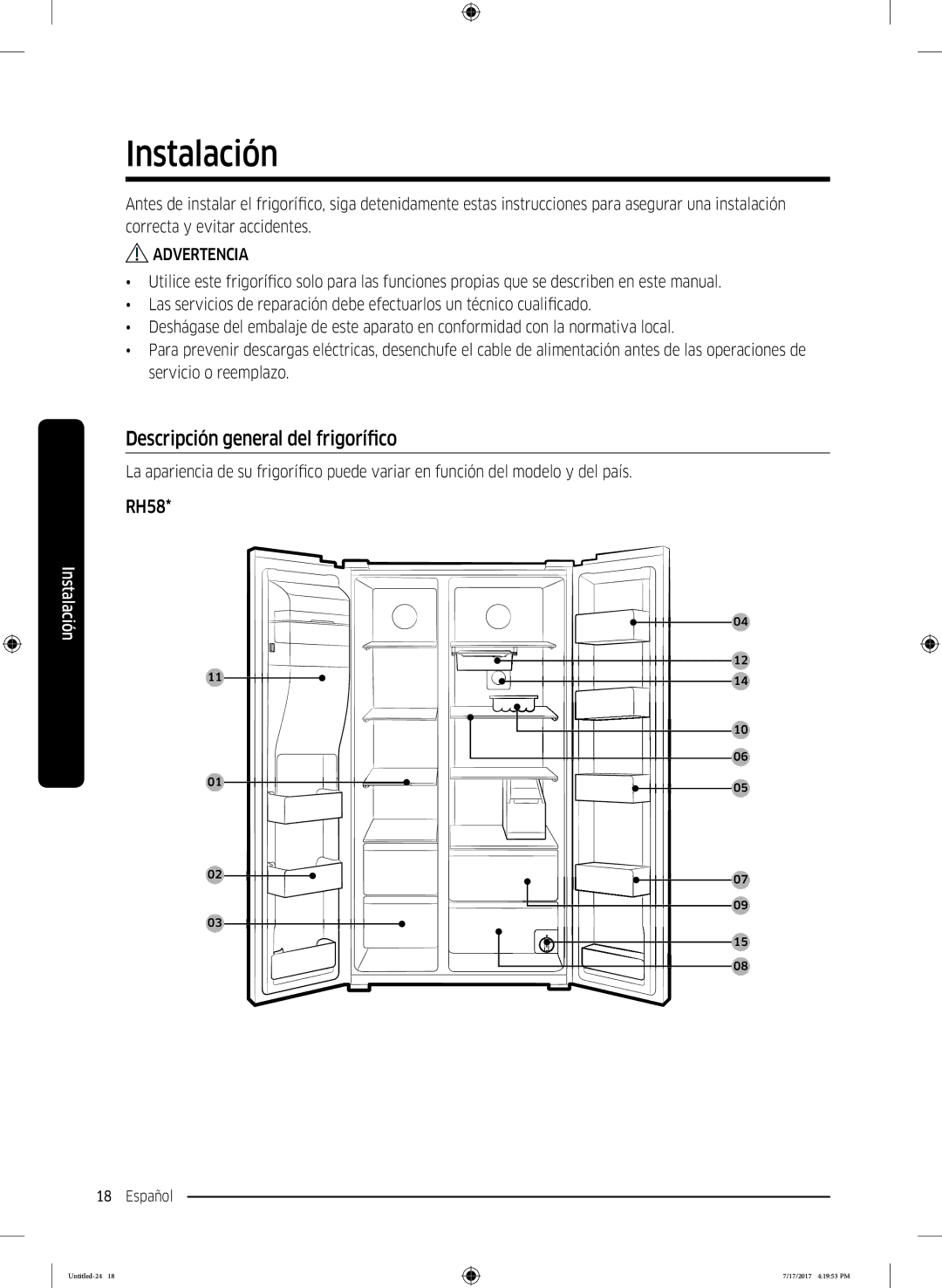 Samsung RSA1ZTMG1/XEO, RSA1ZTMG1/EUR, RH58K6598SL/ES, RSA1ZTMG1/XEF manual Instalación, Descripción general del frigorífico 