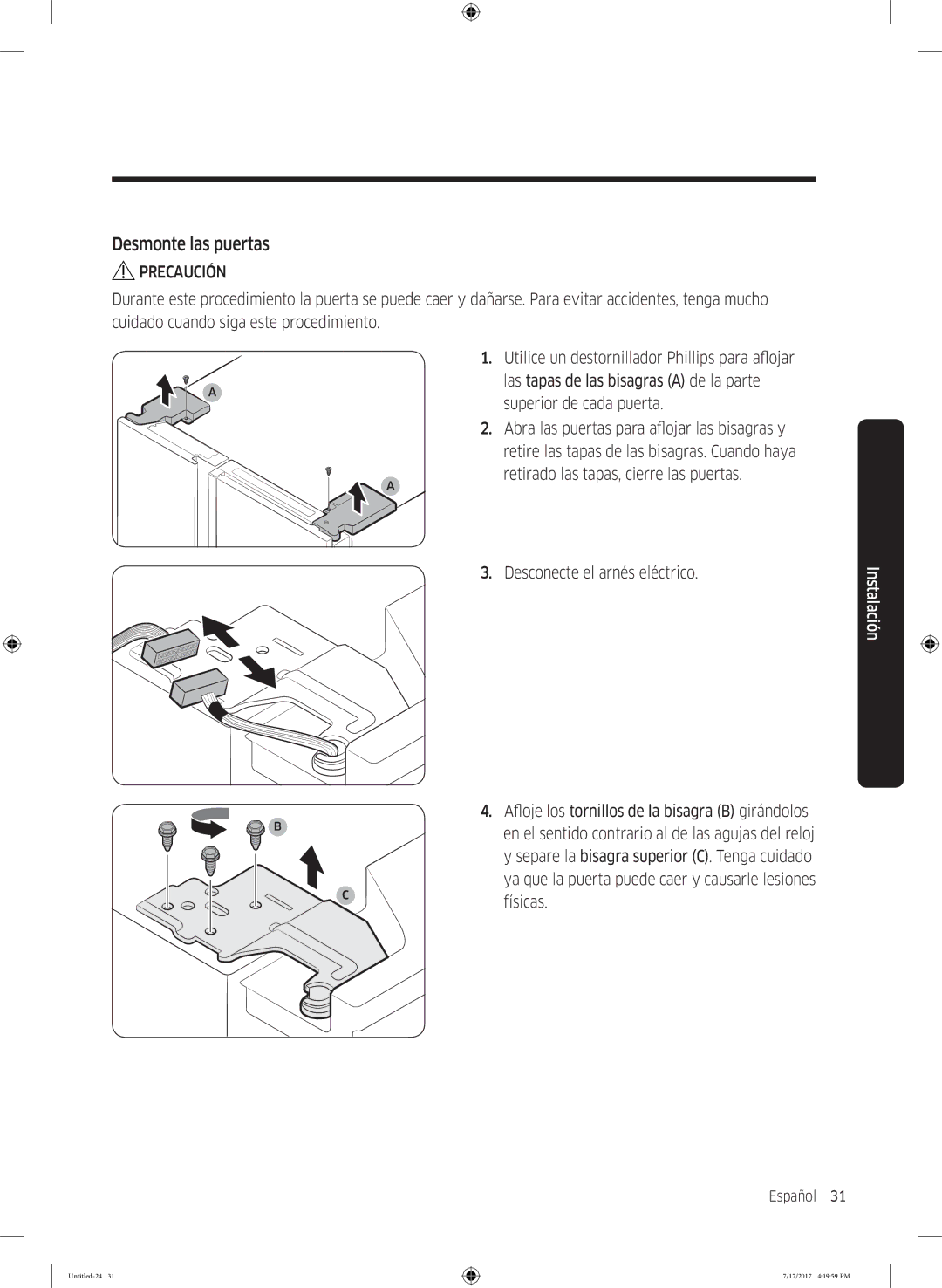 Samsung RSA1ZTMG1/XSG, RSA1ZTMG1/EUR, RH58K6598SL/ES, RSA1ZTMG1/XEF, RH62K6257SL/ES manual Desmonte las puertas, Físicas 