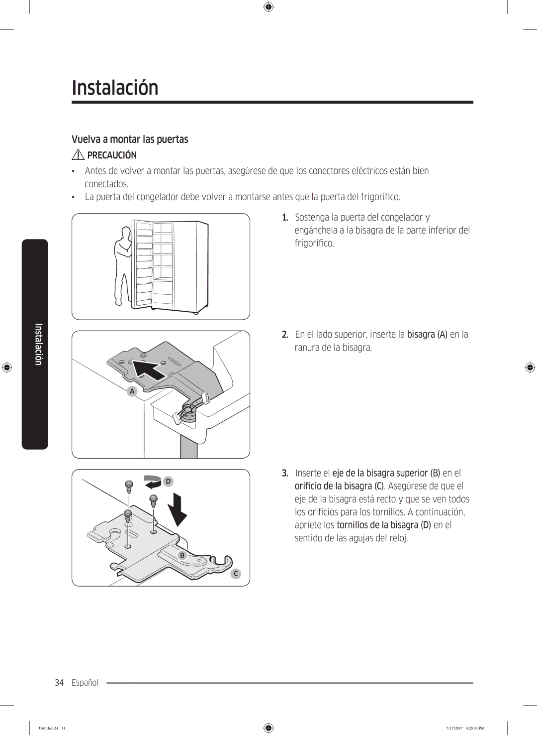 Samsung RH58K6598SL/ES, RSA1ZTMG1/EUR, RSA1ZTMG1/XEF, RH62K6257SL/ES manual Vuelva a montar las puertas, Los orificios 