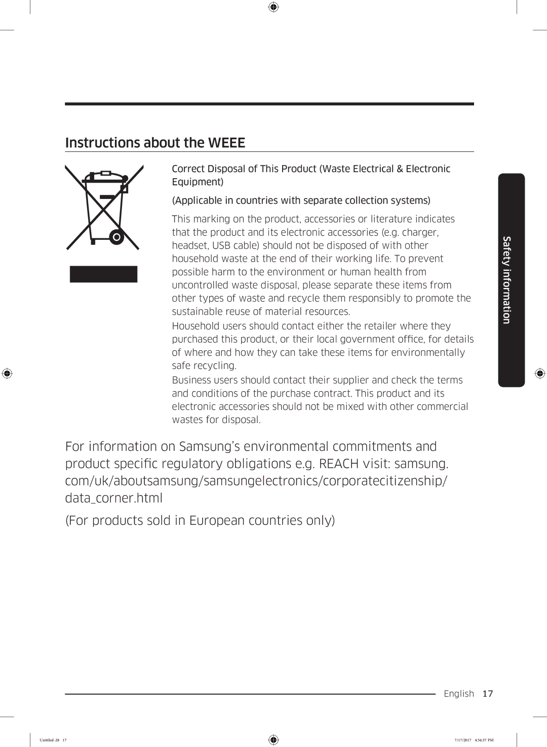 Samsung RH62K6257SL/ES, RSA1ZTMG1/EUR, RH58K6598SL/ES, RSA1ZTMG1/XEF, RH62K6298SL/ES manual Instructions about the Weee 