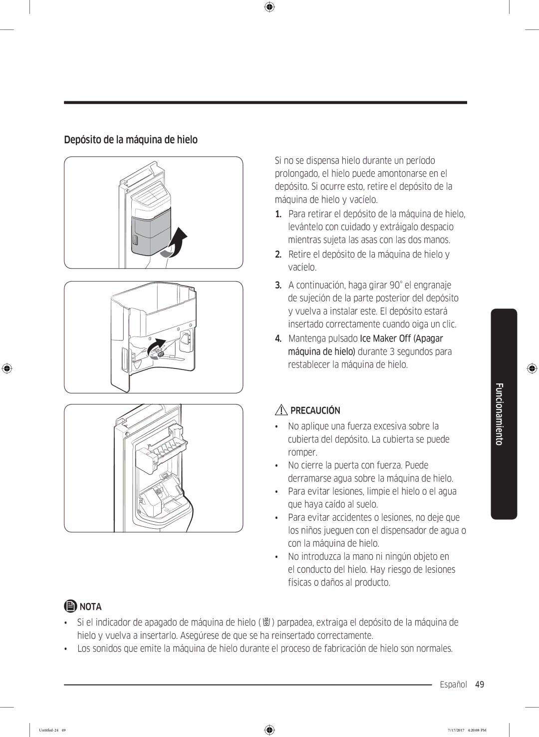 Samsung RSA1ZTMG1/XEF, RSA1ZTMG1/EUR Depósito de la máquina de hielo, Retire el depósito de la máquina de hielo y vacíelo 