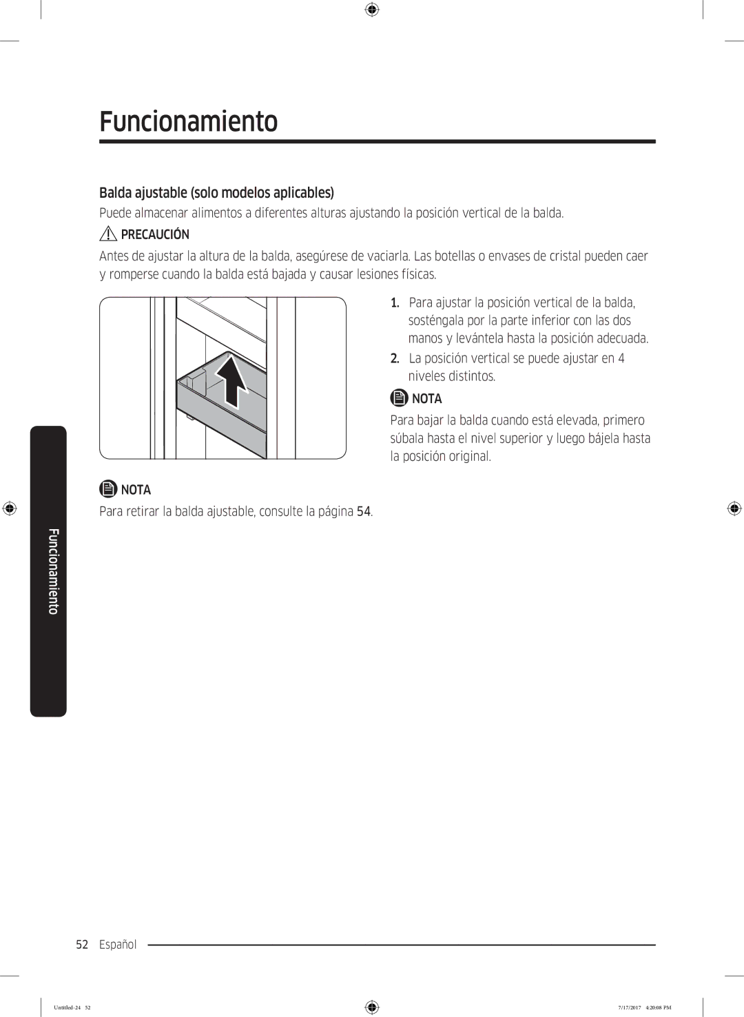 Samsung RSA1ZTMG1/XSG manual Balda ajustable solo modelos aplicables, Para retirar la balda ajustable, consulte la página 