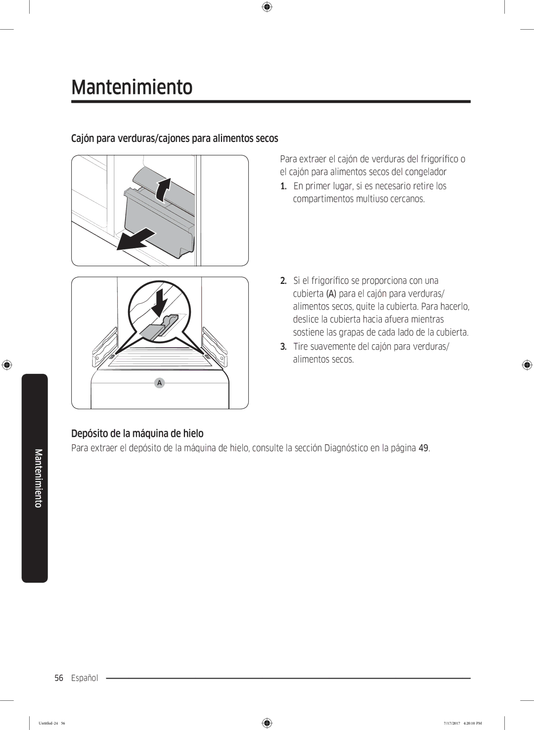 Samsung RSA1ZTMG1/XEF, RSA1ZTMG1/EUR, RH58K6598SL/ES, RH62K6257SL/ES manual Cajón para verduras/cajones para alimentos secos 