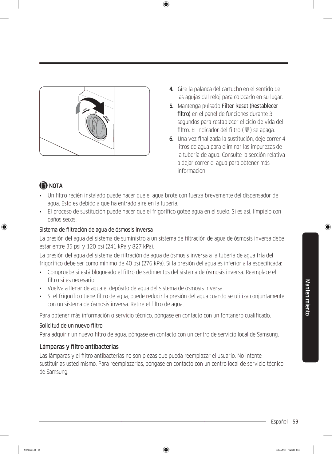 Samsung RSA1ZTMG1/XSG, RSA1ZTMG1/EUR, RH58K6598SL/ES, RSA1ZTMG1/XEF, RH62K6257SL/ES manual Lámparas y filtro antibacterias 