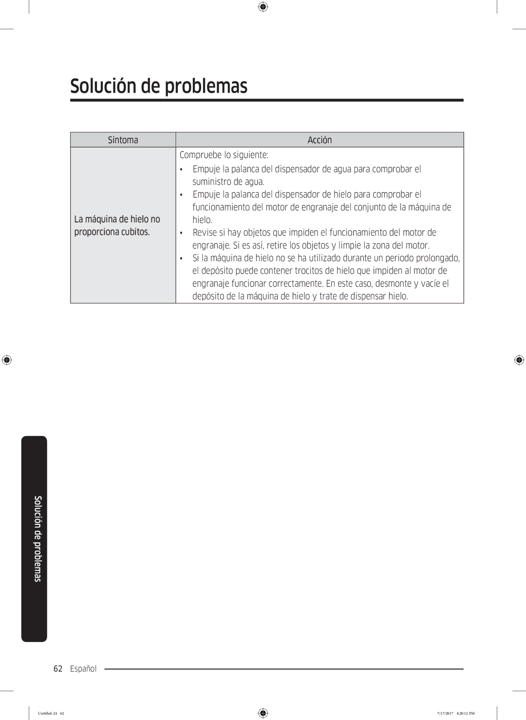 Samsung RH58K6598SL/ES, RSA1ZTMG1/EUR, RSA1ZTMG1/XEF manual Depósito de la máquina de hielo y trate de dispensar hielo 