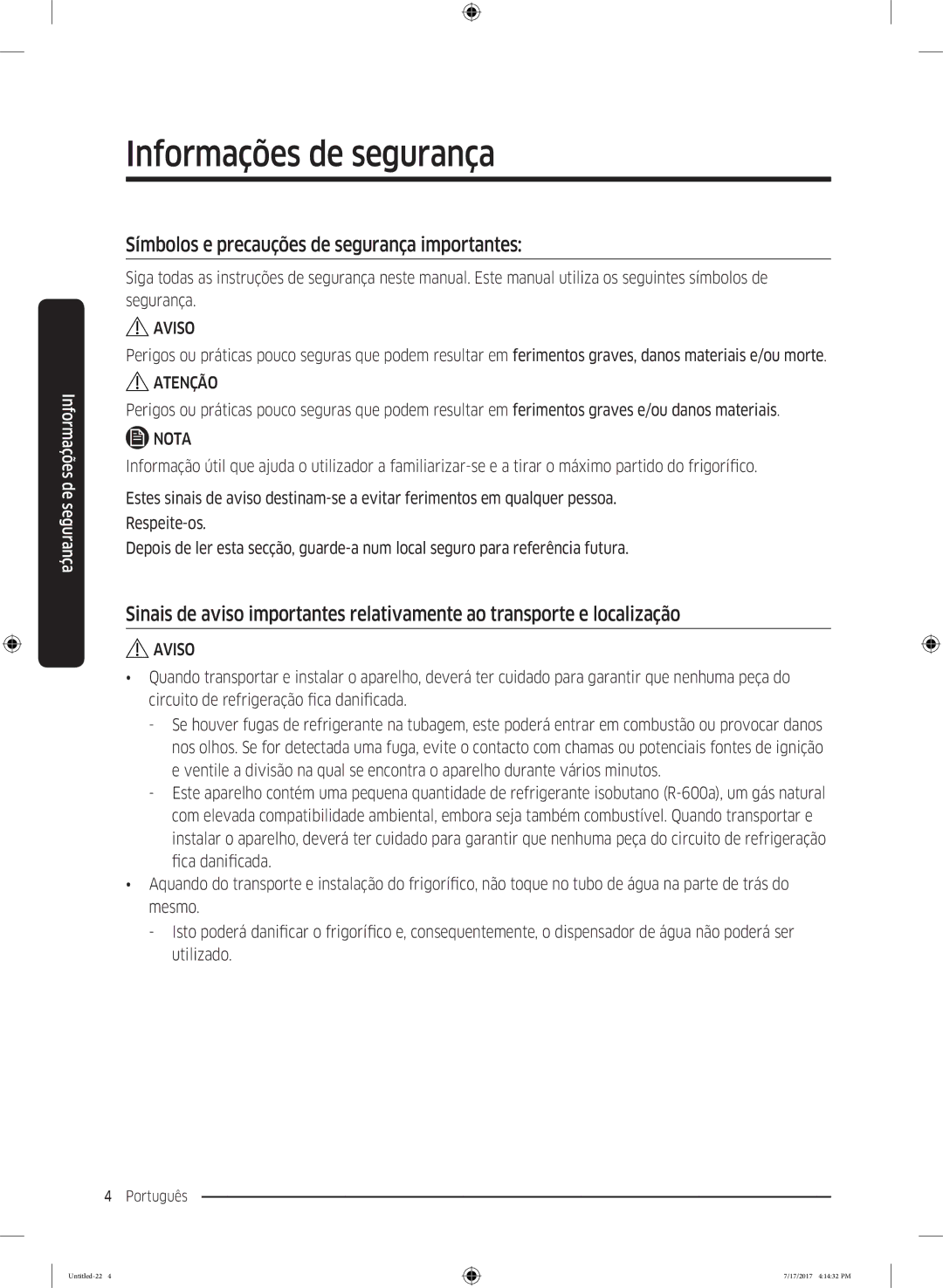 Samsung RSA1ZTMG1/EUR, RH58K6598SL/ES, RSA1ZTMG1/XEF, RH62K6257SL/ES Símbolos e precauções de segurança importantes, Aviso 