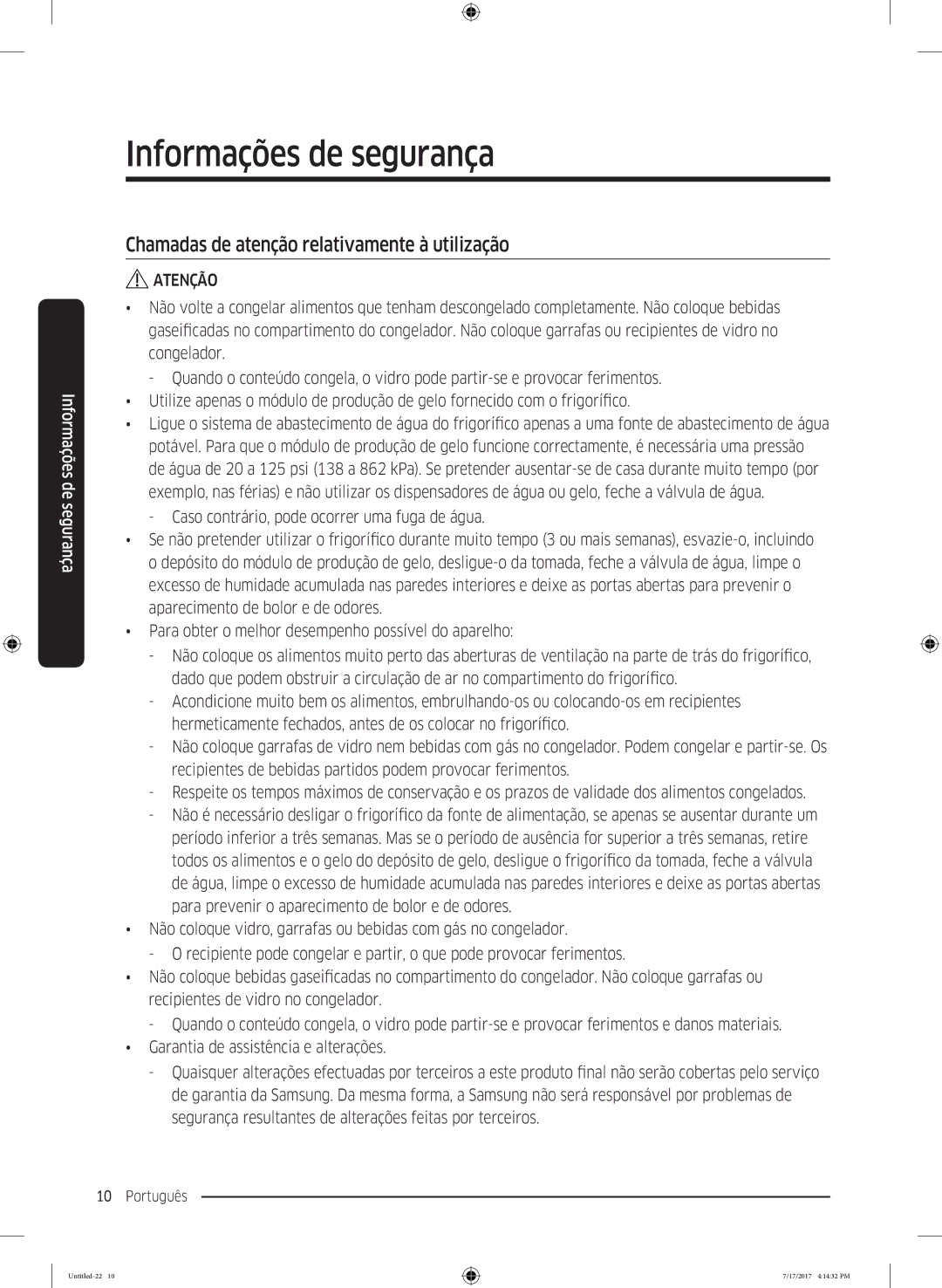 Samsung RSA1ZTMG1/XEO, RSA1ZTMG1/EUR, RH58K6598SL/ES, RSA1ZTMG1/XEF manual Chamadas de atenção relativamente à utilização 