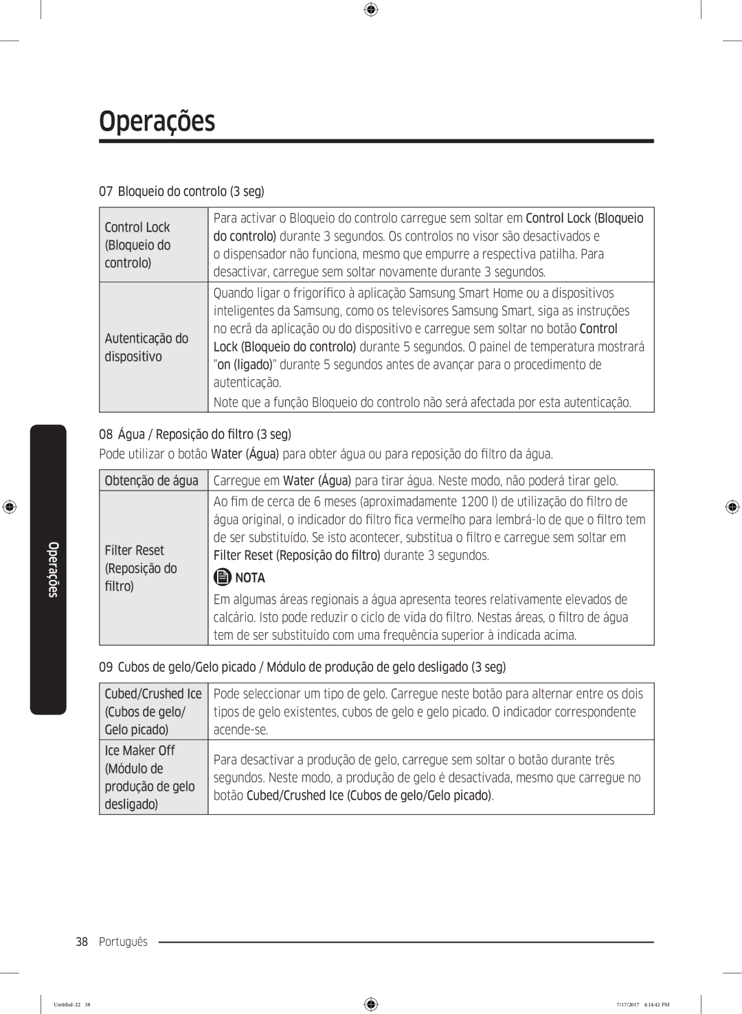 Samsung RSA1ZTMG1/XEO manual Bloqueio do controlo 3 seg Control Lock, Controlo, Autenticação, Do filtro, Que o filtro tem 