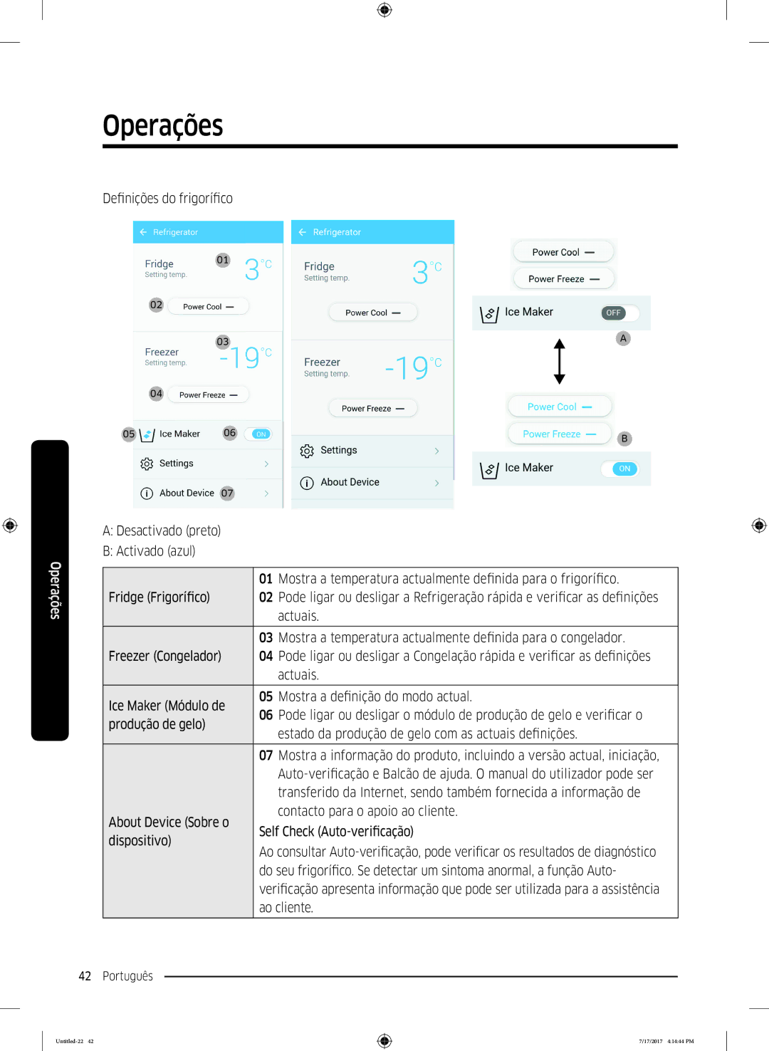 Samsung RH62K6257SL/ES Definições do frigorífico, Activado azul, Para o frigorífico, Actuais, Para o congelador, Auto 