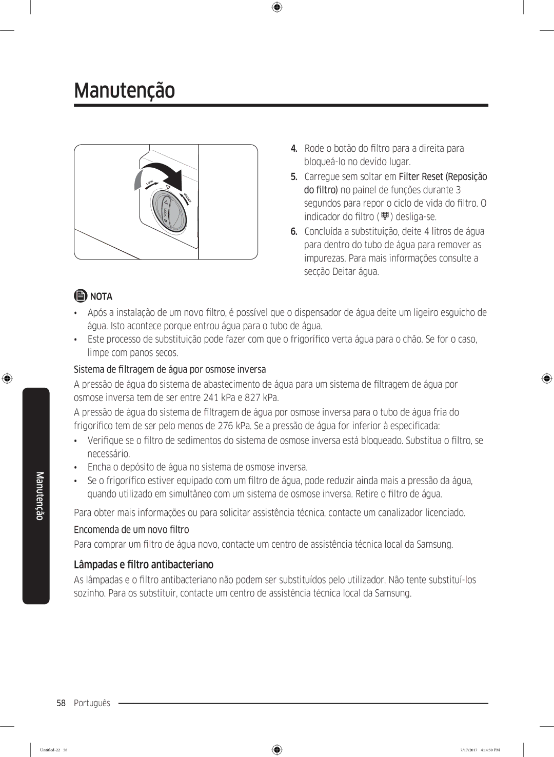 Samsung RSA1ZTMG1/XSG, RSA1ZTMG1/EUR, RH58K6598SL/ES, RSA1ZTMG1/XEF, RH62K6257SL/ES manual Lâmpadas e filtro antibacteriano 