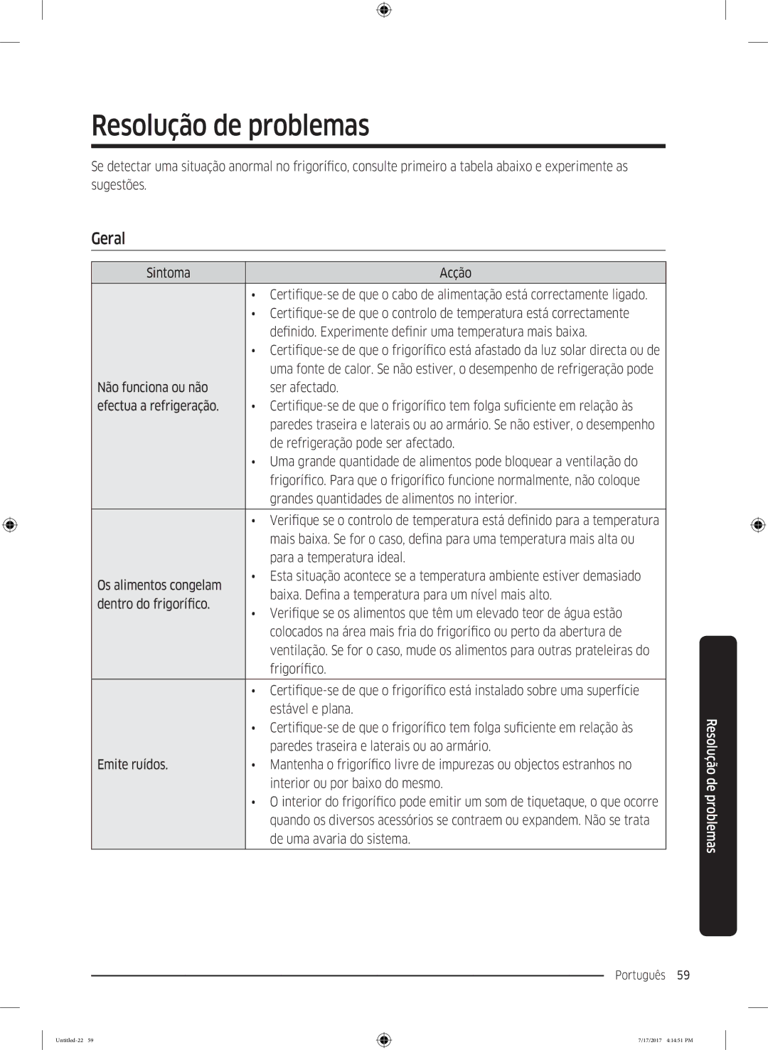 Samsung RSA1ZTMG1/XEO, RSA1ZTMG1/EUR, RH58K6598SL/ES, RSA1ZTMG1/XEF, RH62K6257SL/ES manual Resolução de problemas, Geral 