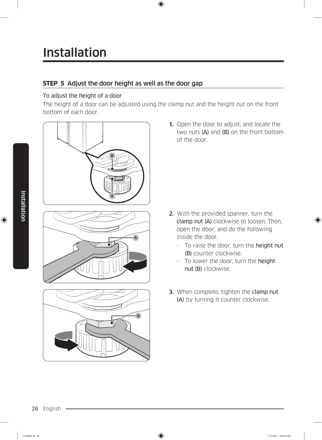 Samsung RSA1ZTMG1/XSG, RSA1ZTMG1/EUR, RH58K6598SL/ES, RSA1ZTMG1/XEF manual Adjust the door height as well as the door gap 