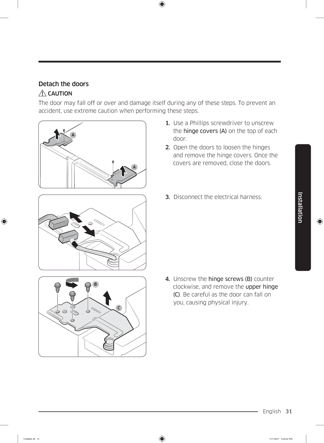 Samsung RH62K6257SL/ES, RSA1ZTMG1/EUR, RH58K6598SL/ES, RSA1ZTMG1/XEF, RH62K6298SL/ES, RSA1ZTMG1/XSG manual Detach the doors 