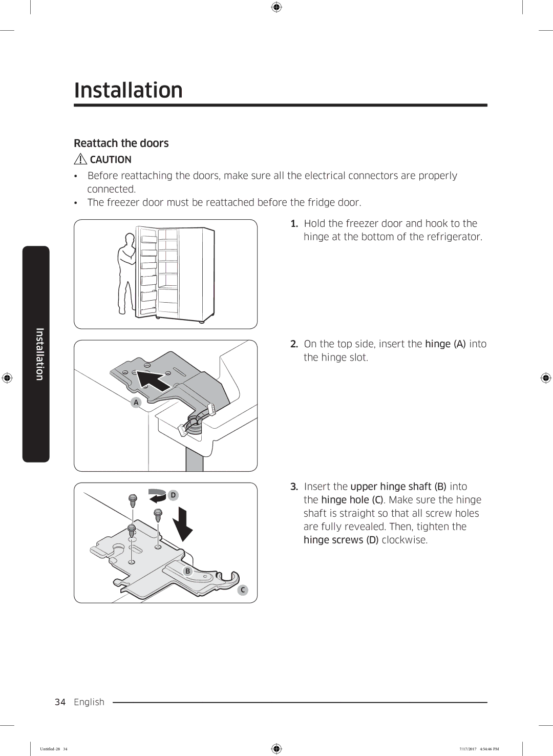 Samsung RSA1ZTMG1/XEO, RSA1ZTMG1/EUR, RH58K6598SL/ES, RSA1ZTMG1/XEF, RH62K6257SL/ES, RH62K6298SL/ES manual Reattach the doors 