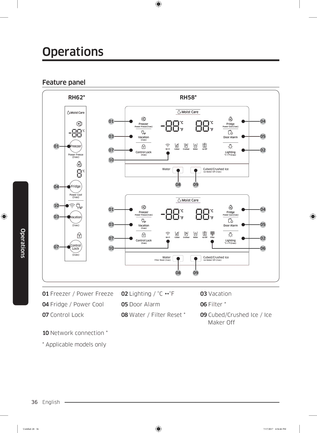 Samsung RH58K6598SL/ES, RSA1ZTMG1/EUR, RSA1ZTMG1/XEF, RH62K6257SL/ES, RH62K6298SL/ES, RSA1ZTMG1/XSG Operations, Feature panel 