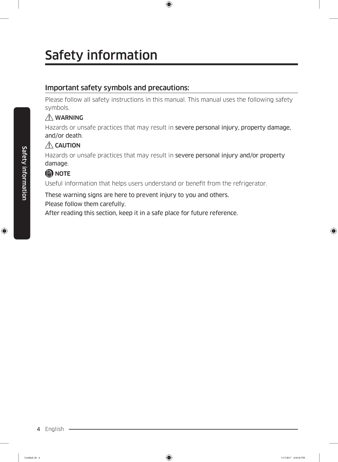 Samsung RH62K6298SL/ES, RSA1ZTMG1/EUR, RH58K6598SL/ES, RSA1ZTMG1/XEF, RH62K6257SL/ES Important safety symbols and precautions 