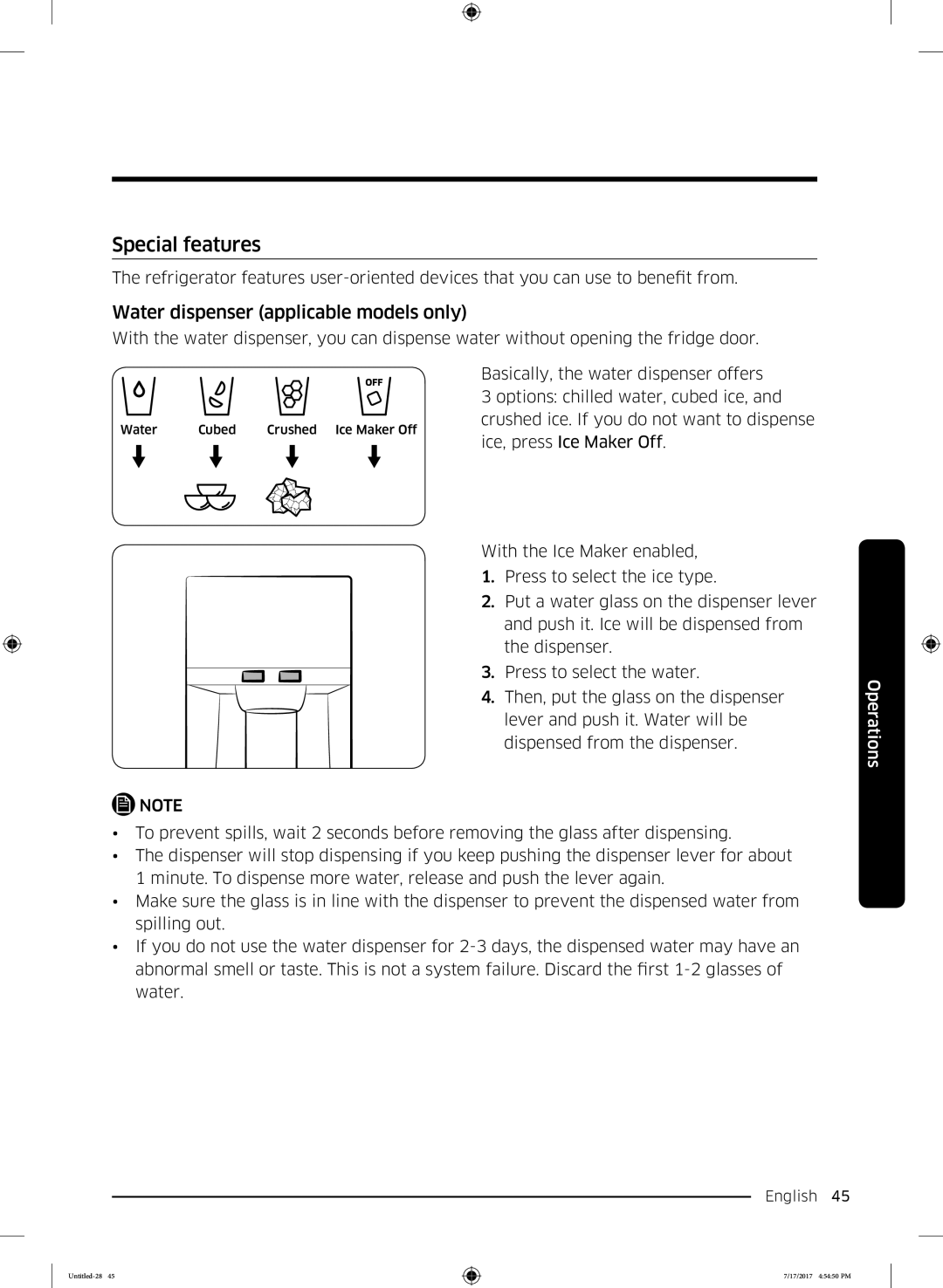 Samsung RH62K6257SL/ES, RSA1ZTMG1/EUR Special features, Water dispenser applicable models only, Ice, press Ice Maker Off 