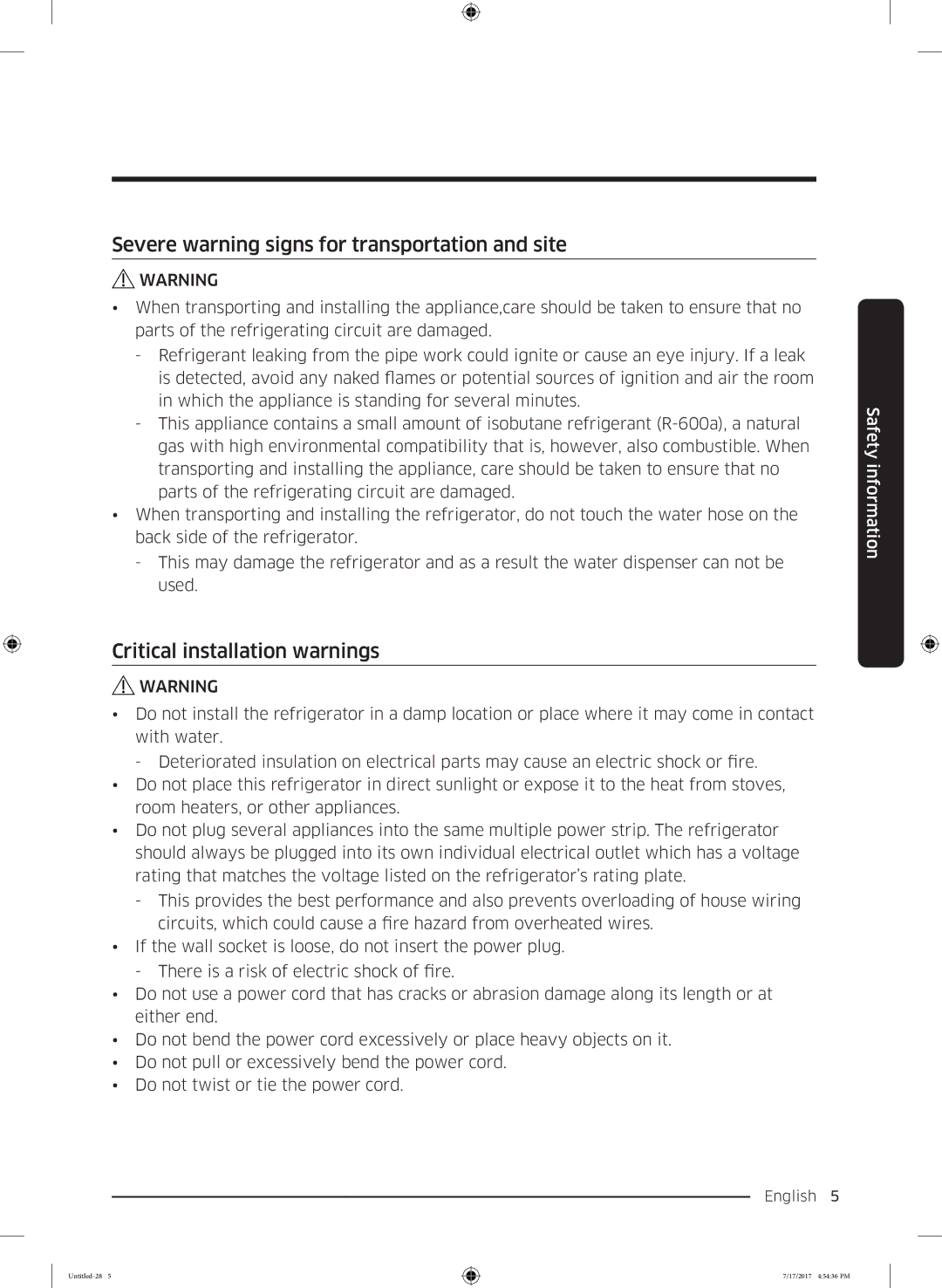 Samsung RSA1ZTMG1/XSG, RSA1ZTMG1/EUR manual Severe warning signs for transportation and site, Critical installation warnings 