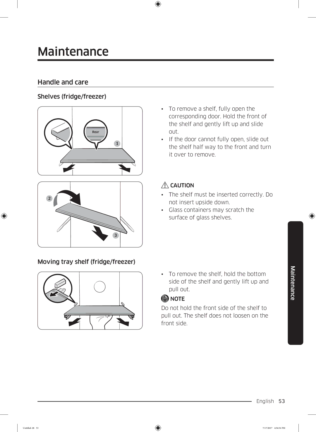 Samsung RH62K6298SL/ES manual Maintenance, Handle and care, Shelves fridge/freezer, Moving tray shelf fridge/freezer 