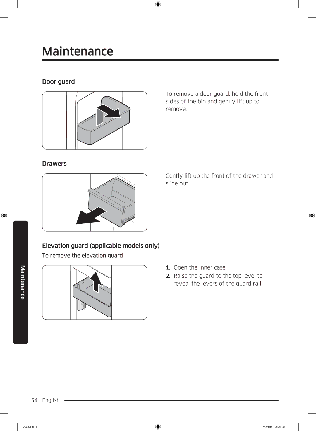 Samsung RSA1ZTMG1/XSG, RSA1ZTMG1/EUR, RH58K6598SL/ES manual Door guard Drawers Elevation guard applicable models only 