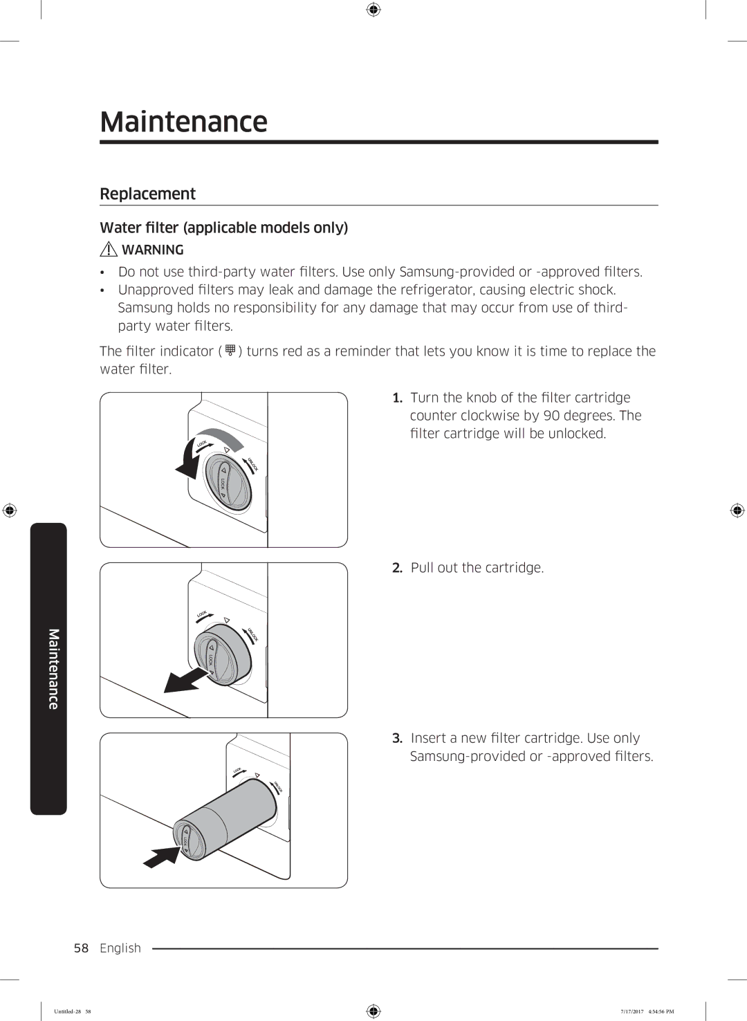 Samsung RSA1ZTMG1/XEF, RSA1ZTMG1/EUR, RH58K6598SL/ES, RH62K6257SL/ES manual Replacement, Water filter applicable models only 