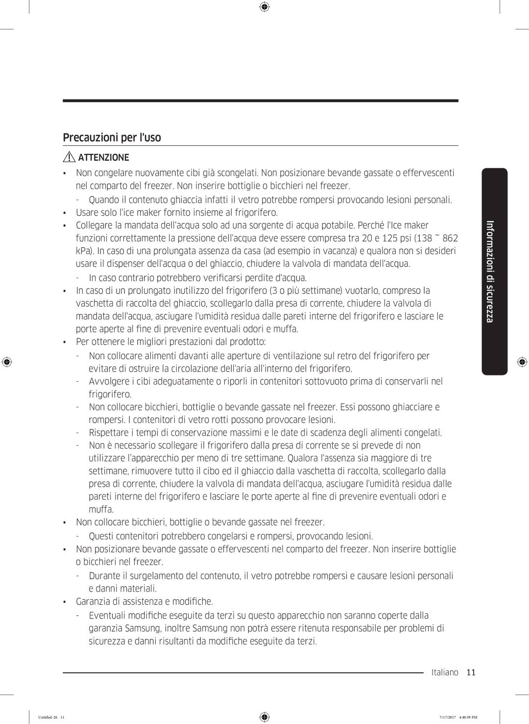 Samsung RSA1ZTMG1/XSG, RSA1ZTMG1/EUR, RH58K6598SL/ES, RSA1ZTMG1/XEF, RH62K6257SL/ES, RH62K6298SL/ES manual Precauzioni per luso 