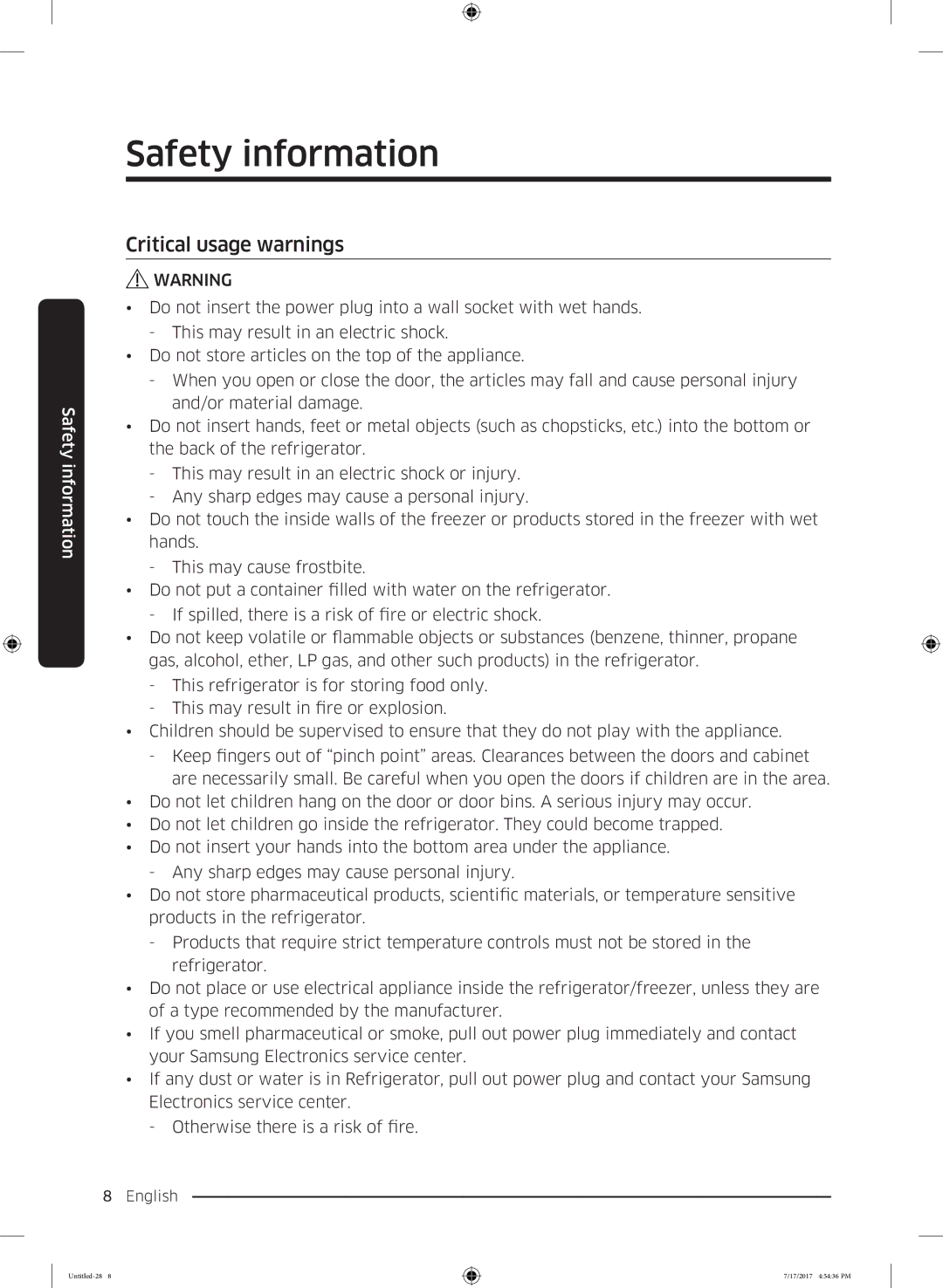 Samsung RH58K6598SL/ES, RSA1ZTMG1/EUR, RSA1ZTMG1/XEF, RH62K6257SL/ES, RH62K6298SL/ES, RSA1ZTMG1/XSG Critical usage warnings 