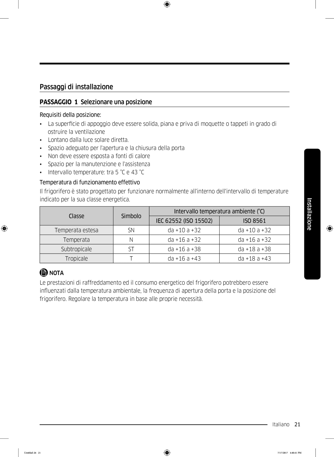 Samsung RH58K6598SL/ES, RSA1ZTMG1/EUR, RSA1ZTMG1/XEF manual Passaggi di installazione, Passaggio 1 Selezionare una posizione 