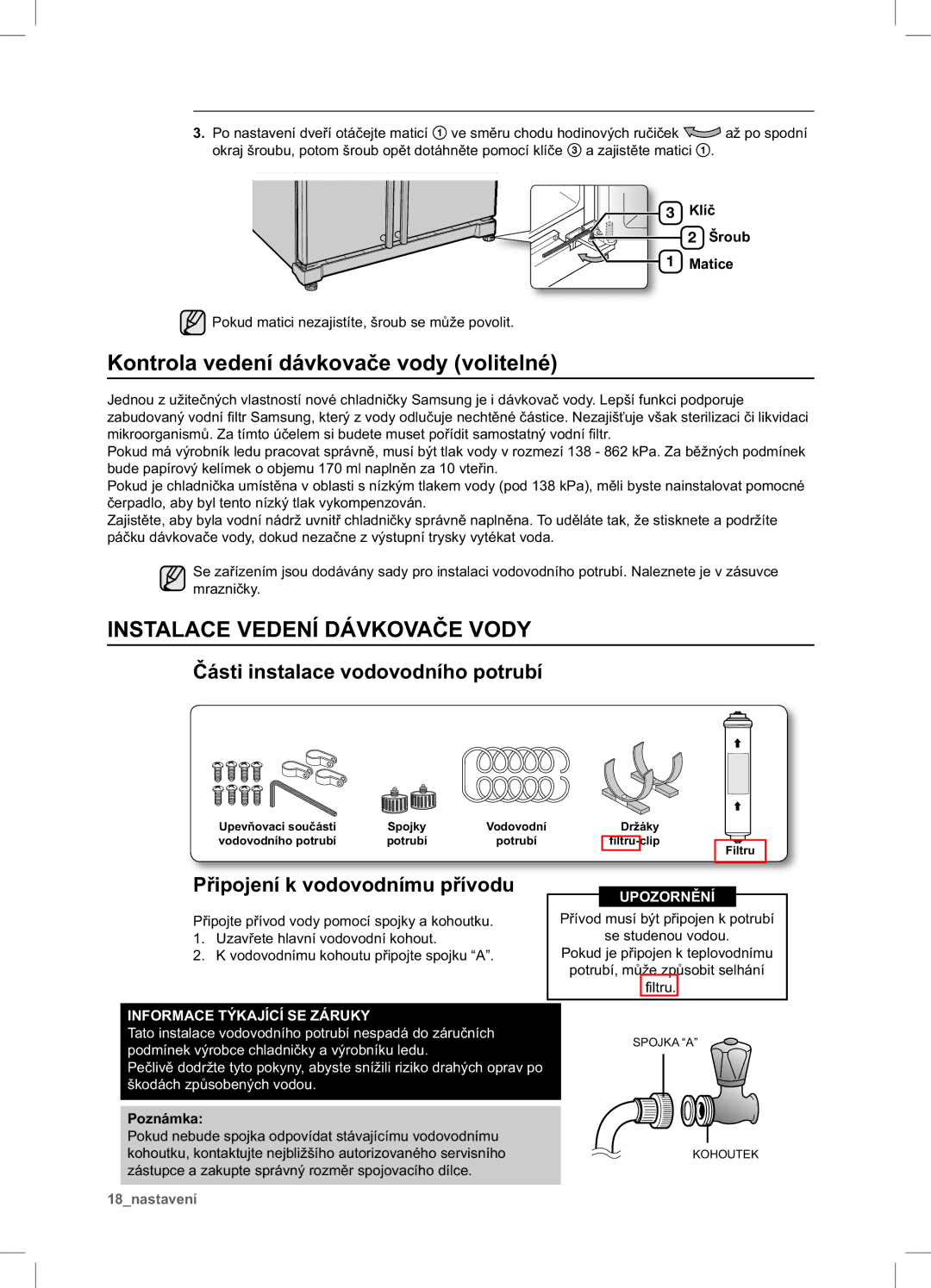 Samsung RSA1ZTPE1/XEO, RSA1ZTPE1/XEF Kontrola vedení dávkovače vody volitelné, Instalace Vedení Dávkovače Vody, Poznámka 