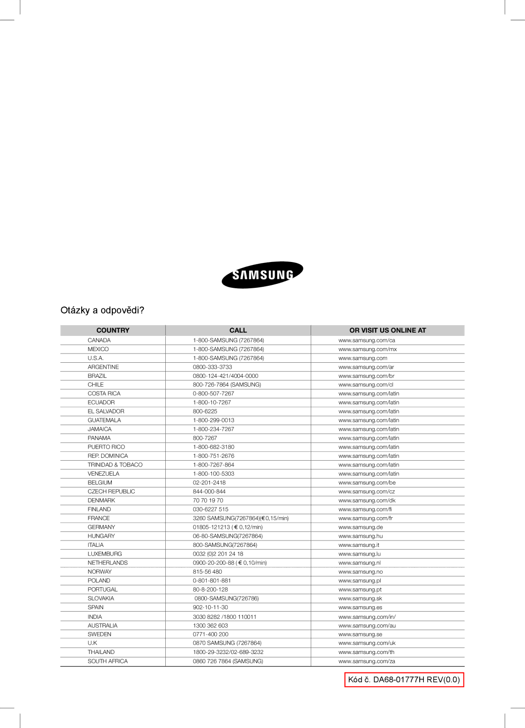 Samsung RSA1ZTPE1/XEF, RSA1DTVG1/XEO, RSA1ZTPE1/XEO, RSA1ZTVG1/XEO Otázky a odpovědi?, Country Call Or Visit US Online AT 